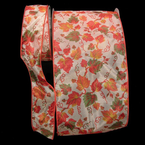 Semi Sheer Red and White Falling Leaf Wired Craft Ribbon 6" x 20 Yards - IMAGE 1