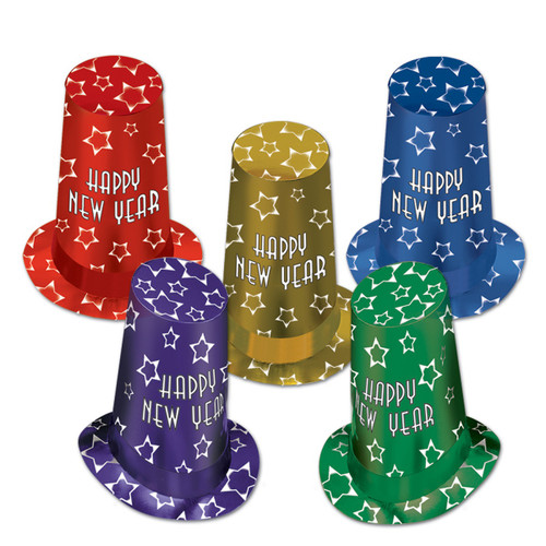 Pack of 10 Assorted Color Star "Happy New Year" Decorative Hi-Hats - IMAGE 1