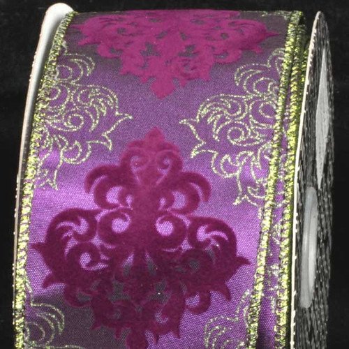 Purple and Gold Damask Wired Craft Ribbon 2.5" x 20 Yards - IMAGE 1