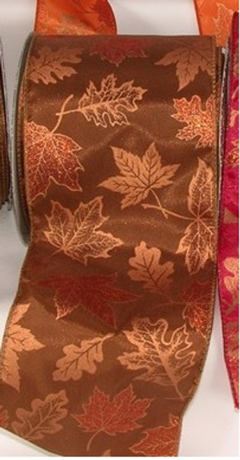 Brown Fall Maple Leaf Wired Craft Ribbon 4"x 20 Yards - IMAGE 1