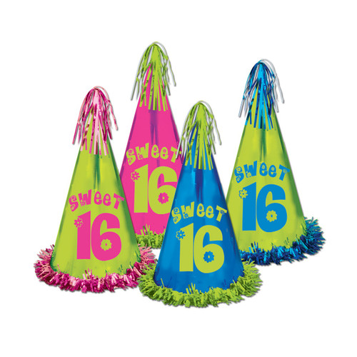 Club Pack of 12 Fringed 'Sweet 16' Hat Costume Accessories 12.5" - IMAGE 1