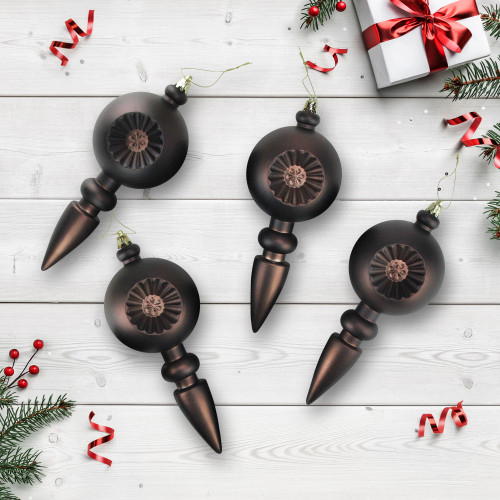 4ct Matte Brown Retro Reflector Shatterproof Christmas Finial Ornaments 7.5" - IMAGE 1