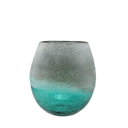 8" Teal Blue Crackled and Brown Frosted Hand Blown Decorative Glass Vase - IMAGE 1