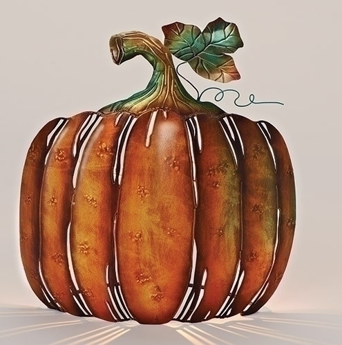 13" Burnt Orange and Green Metal Pumpkin Autumn Votive Candleholder - IMAGE 1
