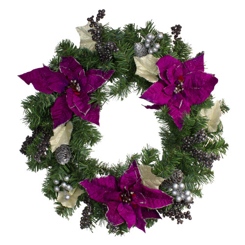 24" Purple Poinsettia and Silver Pine Cone Artificial Christmas Wreath - Unlit - IMAGE 1