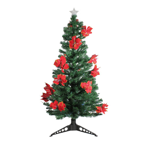 5' Pre-Lit Medium Fiber Optic Artificial Christmas Tree with Red Poinsettias - Multicolor Lights - IMAGE 1