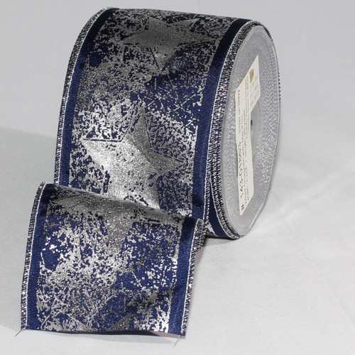 Navy Blue and Silver Star Wired Craft Ribbon 3" x 40 Yards - IMAGE 1