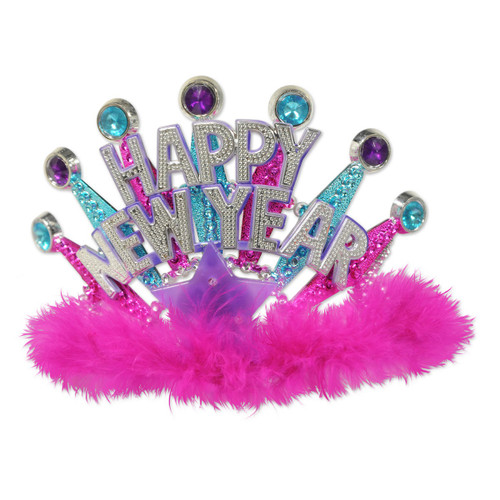 Pack of 6 Purple and Pink Light-Up Happy New Year Tiaras - IMAGE 1