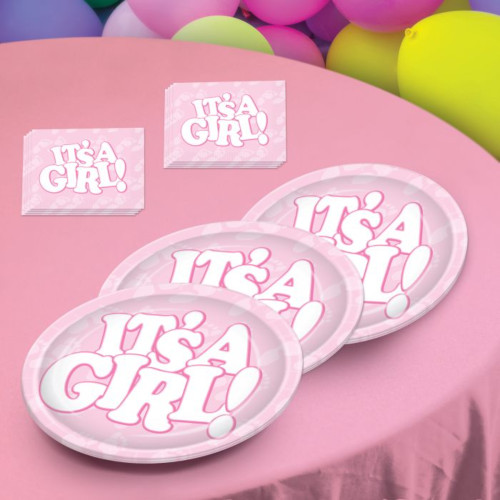 Disposable It's A Girl Party Dinner Plates - 9" - Pink and White - Pack of 96 - IMAGE 1