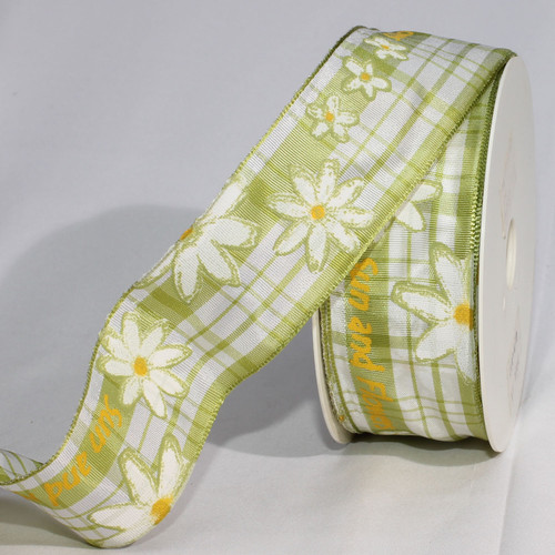 Green and White Plaid Taffeta with Floral Print Wired Edge Craft Ribbon 1.5" x 22 Yards - IMAGE 1