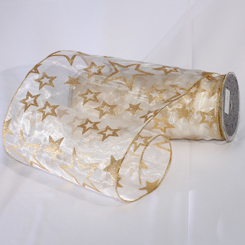 Sheer Shimmering Ivory Stars Wired Craft Ribbon 9" x 20 Yards - IMAGE 1