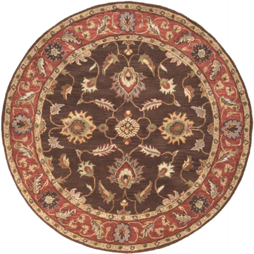 6' Floral Brown and Red Round Wool Area Throw Rug - IMAGE 1