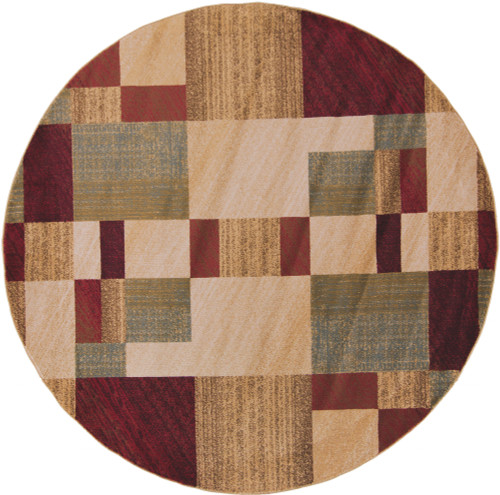 8' Burgundy Red and Beige Contemporary Round Area Throw Rug - IMAGE 1