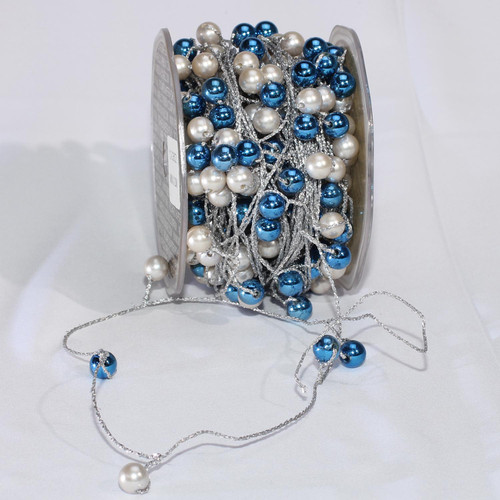 Silver and Blue Twisted Beads Wire Christmas Craft Ribbon 0.25" x 44 Yards - IMAGE 1