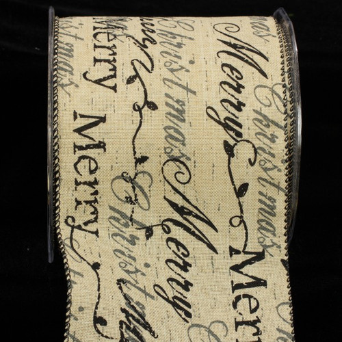 Black and Creamy Ivory Holiday Script Wired Craft Ribbon 4" x 20 Yards - IMAGE 1