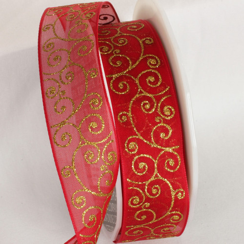 Sheer Red and Gold Swirl Wired Craft Ribbon 1.5" x 27 Yards - IMAGE 1