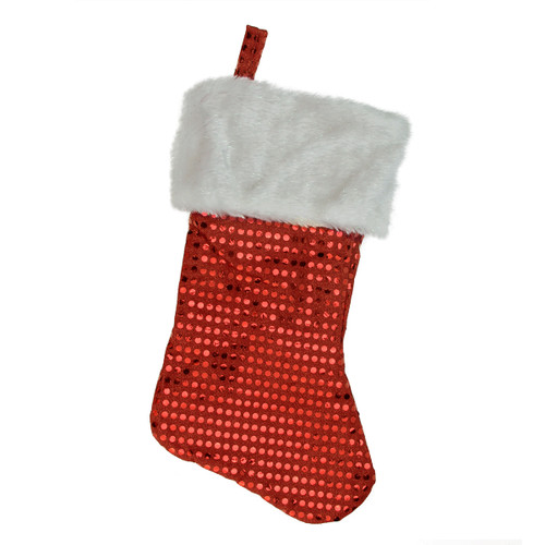 18" Red and White Cuffed Disco Sequined Christmas Stocking - IMAGE 1