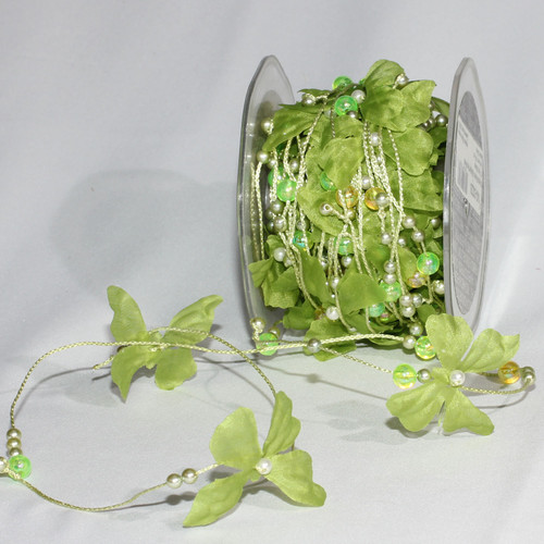 Shimmering Green Crystal Beads and Butterflies Wired Craft Ribbon 17 Yards - IMAGE 1