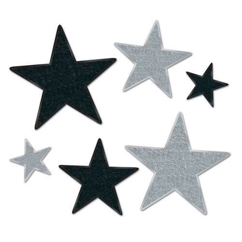 72-Piece Black and Silver Glittered Foil Star Cutouts Party Decorations 5"-12" - IMAGE 1