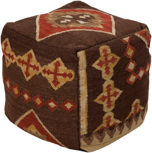 18" Chocolate Brown and Cinnamon Red Southwestern Wool Square Pouf Ottoman - IMAGE 1