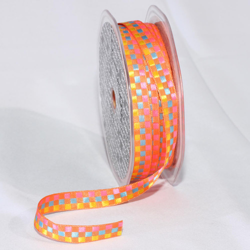 Orange and Yellow Woven Edge Checkered Wired Craft Ribbon 0.375" x 132 Yards - IMAGE 1