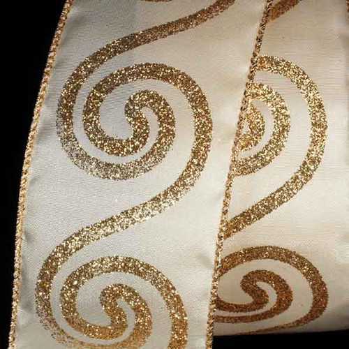 Ivory and Gold Swirl Taffeta Wired Craft Ribbon 2.5" x 20 Yards - IMAGE 1