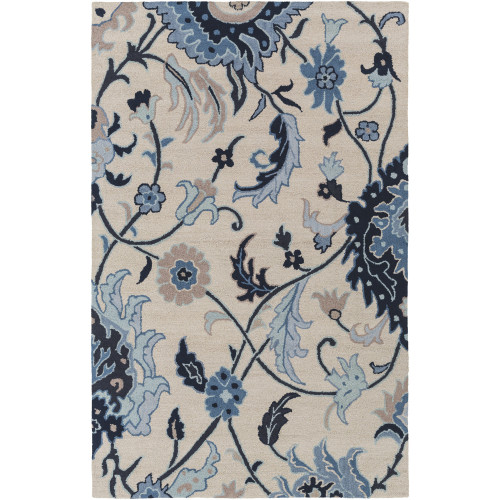 2' x 3' Floral Paradise Navy, Sky Blue and Beige Brown Wool Area Throw Rug - IMAGE 1