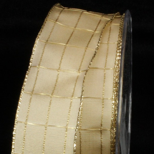 Metallic Gold and White Checkered Wired Craft Ribbon 1.5" x 50 Yards - IMAGE 1