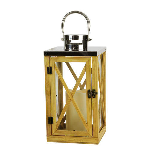 13.5" Rustic Wood and Stainless Steel Lantern with LED Flameless Pillar Candle with Timer - IMAGE 1