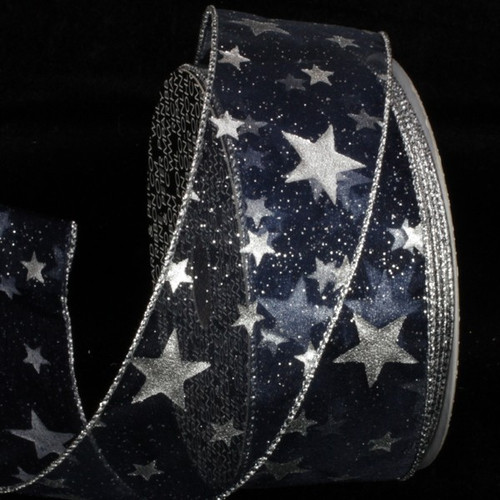 Navy Blue and Silver Milky Way Wire Edged Craft Ribbon 2" x 20 Yards - IMAGE 1