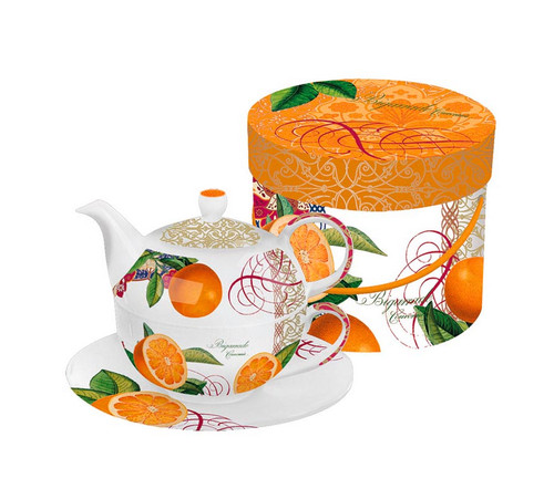 Valencia Orange Bigarrade Couronnee Bone China Tea for One Teapot, Cup and Saucer Set with Gift Box - IMAGE 1