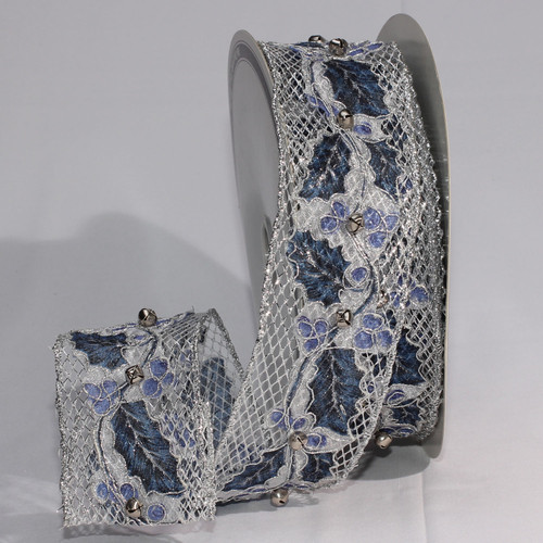 Blue and Silver Ivy Bells Sheer Wired Craft Ribbon 2.5" x 10 Yards - IMAGE 1