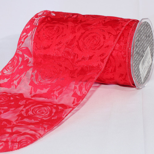 Sheer Red Roses Wired Craft Ribbon 6" x 20 Yards - IMAGE 1