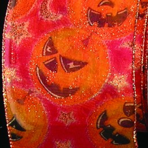 Sheer Black and Pink Halloween "Pumpkins" Wired Craft Ribbons 3" x 20 Yards - IMAGE 1