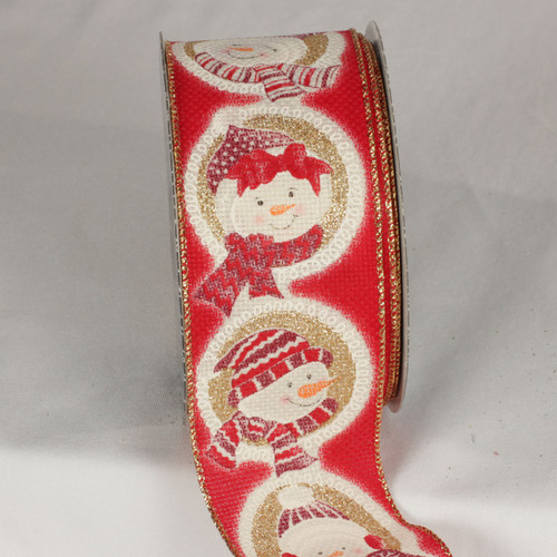Red and Gold Christmas Snowman Portrait Wired Craft Ribbon 2.5" x 20 Yards - IMAGE 1