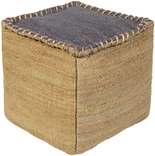 18" Charcoal Gray and Cloud Gray Stitched Top Jute Square Pouf Ottoman - IMAGE 1