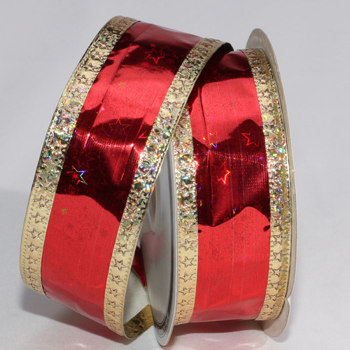 Silver and Red Holographic Stars Wired Craft Ribbon 1.5" x 20 Yards - IMAGE 1