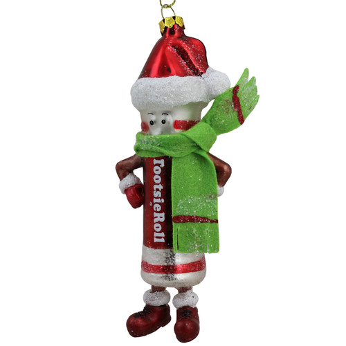 6" Red and Green Tootsie Roll Chewy Chocolate Candy Glass Christmas Ornament - IMAGE 1