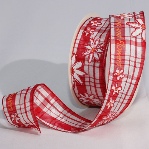Red and White Plaid Taffeta with Floral Print Wired Edge Craft Ribbon 1.5" x 22 Yards - IMAGE 1