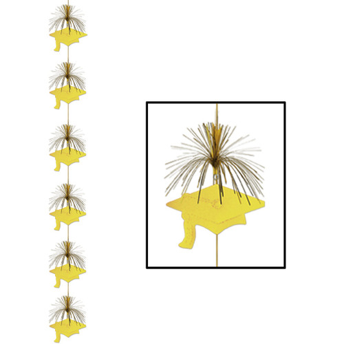 Club Pack of 12 Fun and Festive Gold Grad Cap and Firework Stringer Hanging Decorations 7' - IMAGE 1