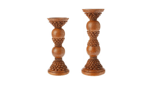 Set of 2 Country Rustic Brown Pine Cone Pillar Candle Holders 12" - IMAGE 1