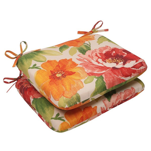 Set of 2 White and Red Floral Solid Outdoor Patio Rounded Seat Cushions 18.5" - IMAGE 1