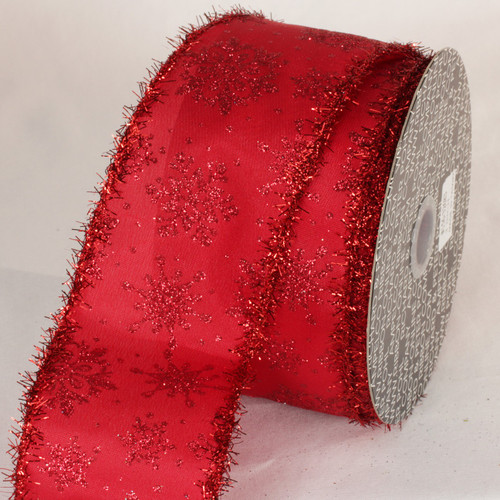 Red Glitter Tinsel Snowflakes Wired Craft Ribbon 3" x 20 Yards - IMAGE 1