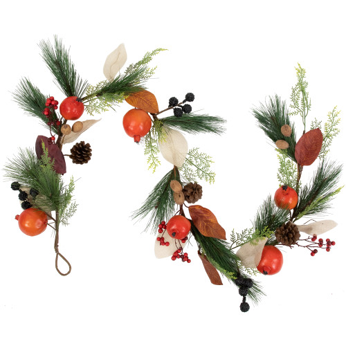 Mixed Berry, Leaves and Pomegranate Fall Harvest Garland - 6' x 10" - Green and Orange - IMAGE 1