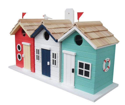 8.25" Fully Functional Red, White and Aqua Wooden Beach House Triple-Nest Birdhouse - IMAGE 1