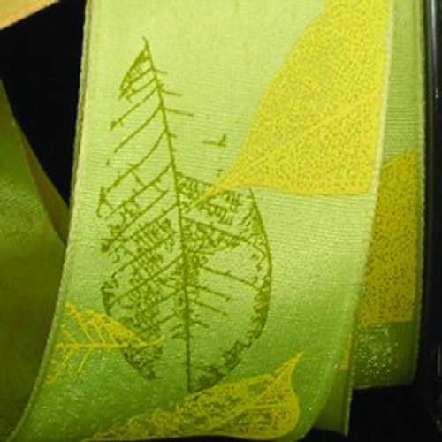 Green and Yellow Fall Leaf Print Wired Craft Ribbon 1.5" x 27 Yards - IMAGE 1