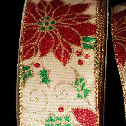 Ivory and Red Floral Poinsettia Wired Edge Craft Ribbon 2" x 40 Yards - IMAGE 1