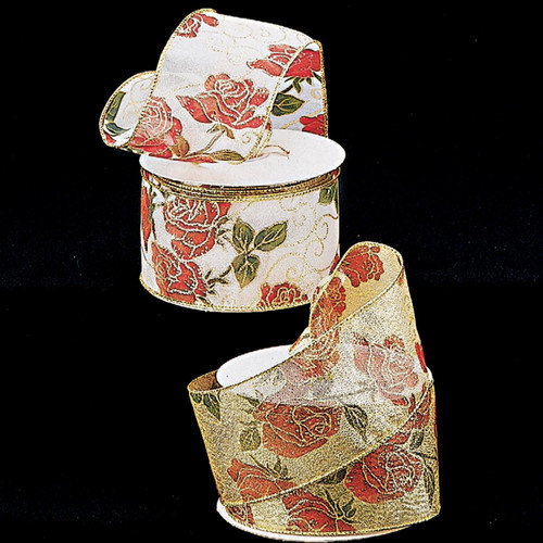 Sheer White Rose Print Wired Craft Ribbon 3" x 20 Yards - IMAGE 1