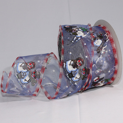 Sheer White and Blue Snow Couple Wired Craft Ribbon 2.5" x 20 Yards - IMAGE 1