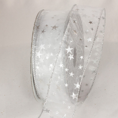 Silver Stars Sheer Wired Ribbon 1.5" x 40 yards - IMAGE 1